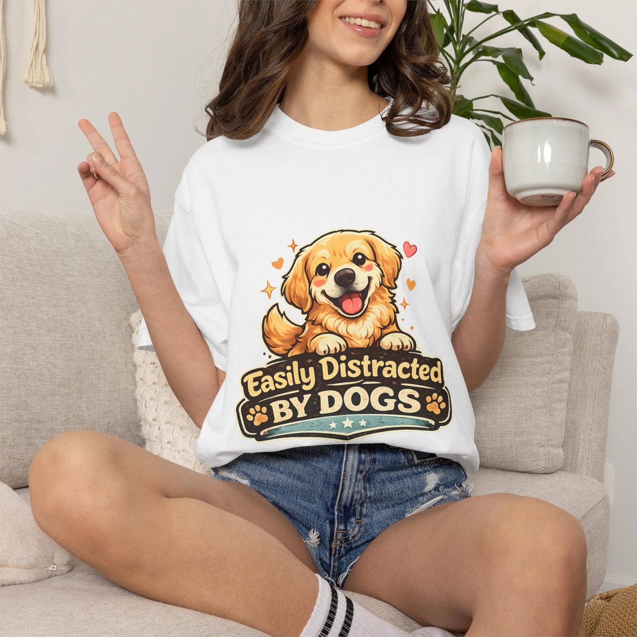 Dog Lover T-Shirt - "Easily Distracted By Dogs" Cute Golden Retriever Tee