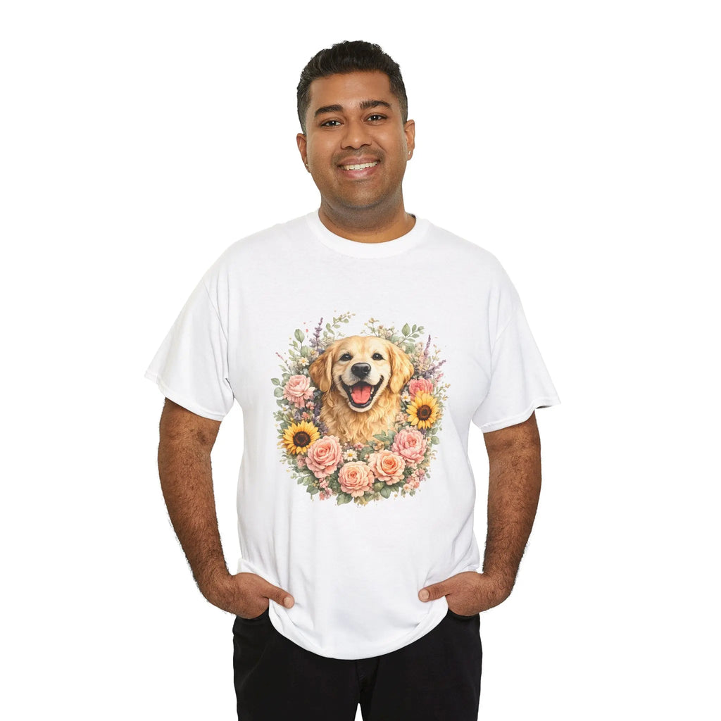 Golden Retriever Floral Tee — Happy Dog with Sunflowers & Roses Printify