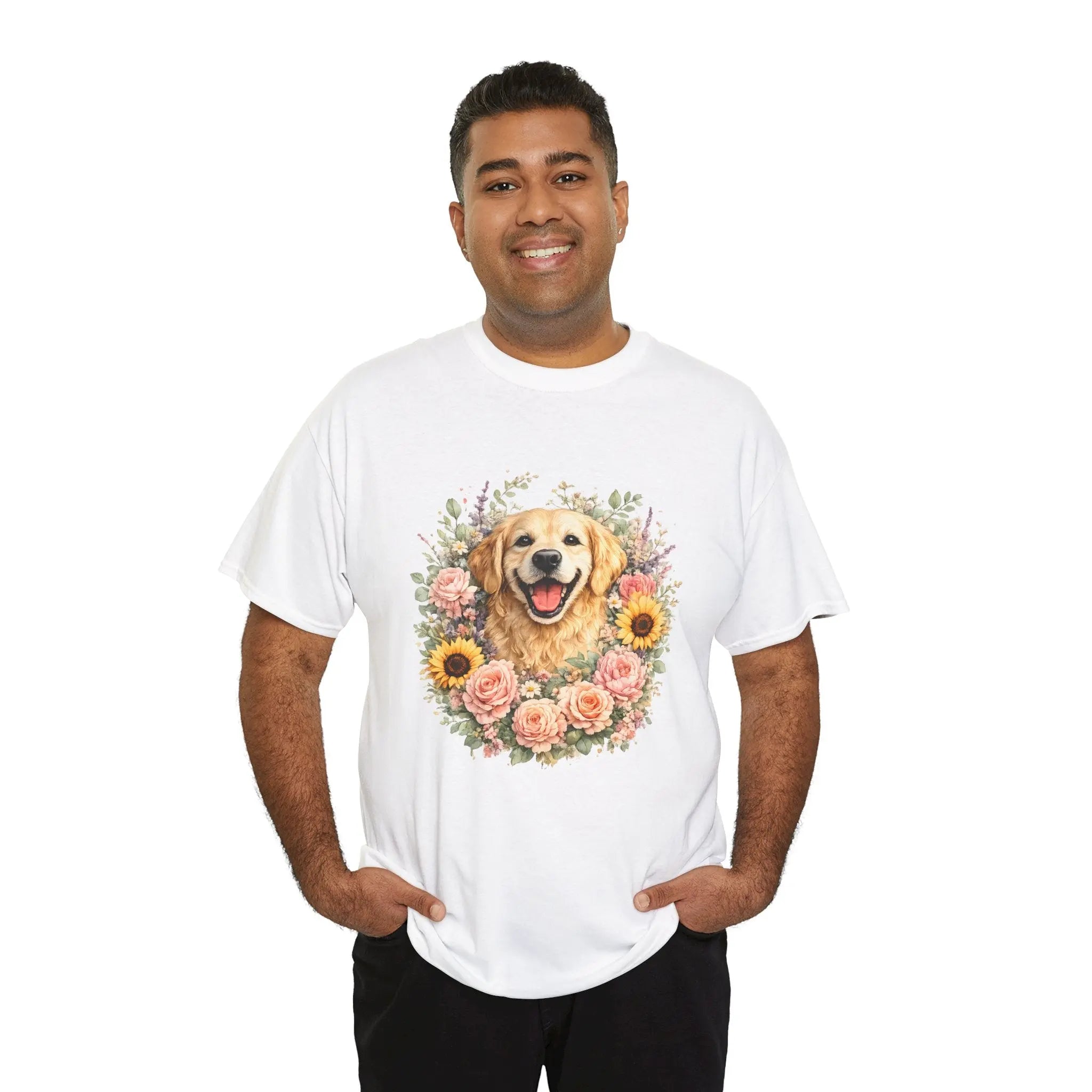Golden Retriever Floral Tee — Happy Dog with Sunflowers & Roses Printify