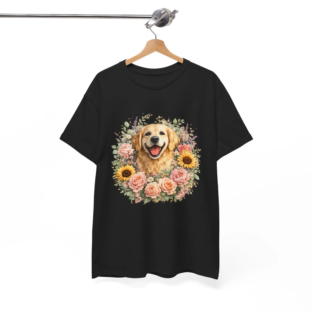 Golden Retriever Floral Tee — Happy Dog with Sunflowers & Roses Printify