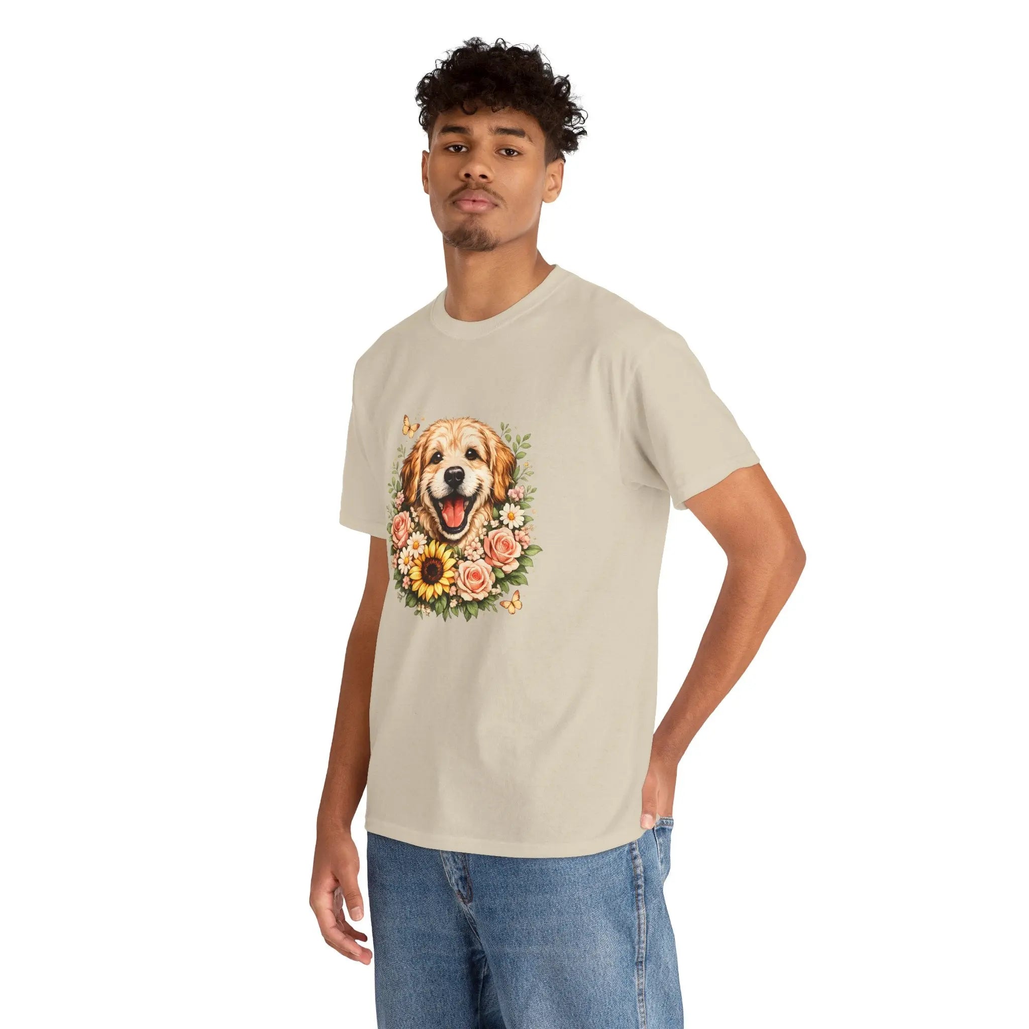 Golden Retriever Floral Tee — Happy Dog with Sunflowers Graphic T-Shirt Printify