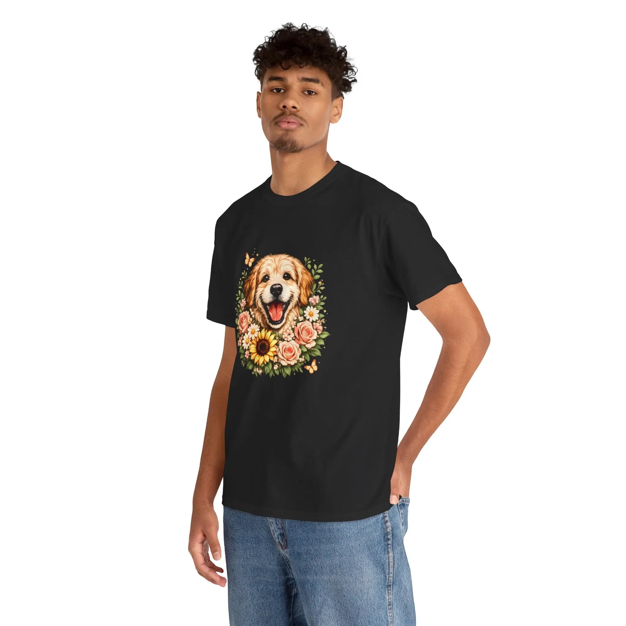 Golden Retriever Floral Tee — Happy Dog with Sunflowers Graphic T-Shirt Printify