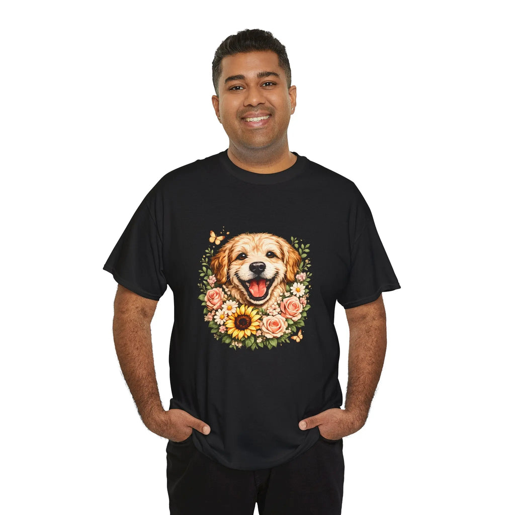 Golden Retriever Floral Tee — Happy Dog with Sunflowers Graphic T-Shirt Printify