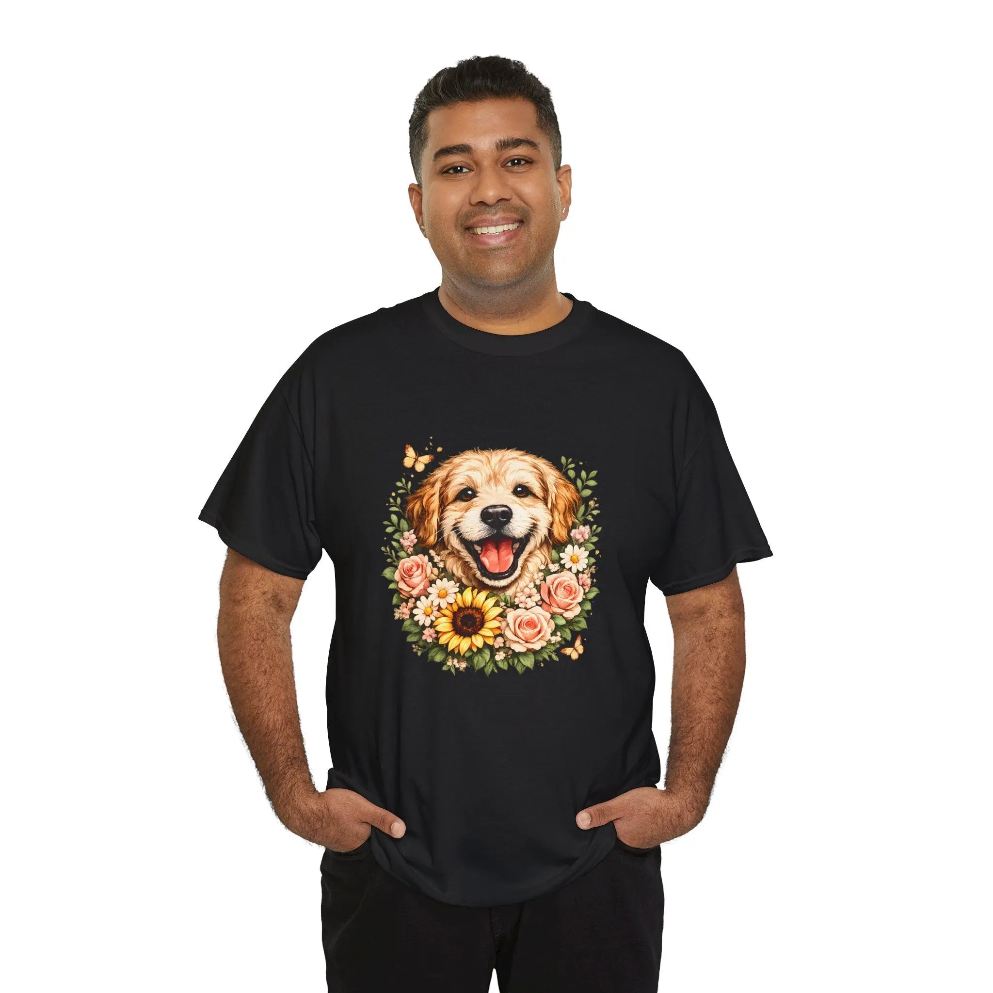 Golden Retriever Floral Tee — Happy Dog with Sunflowers Graphic T-Shirt Printify