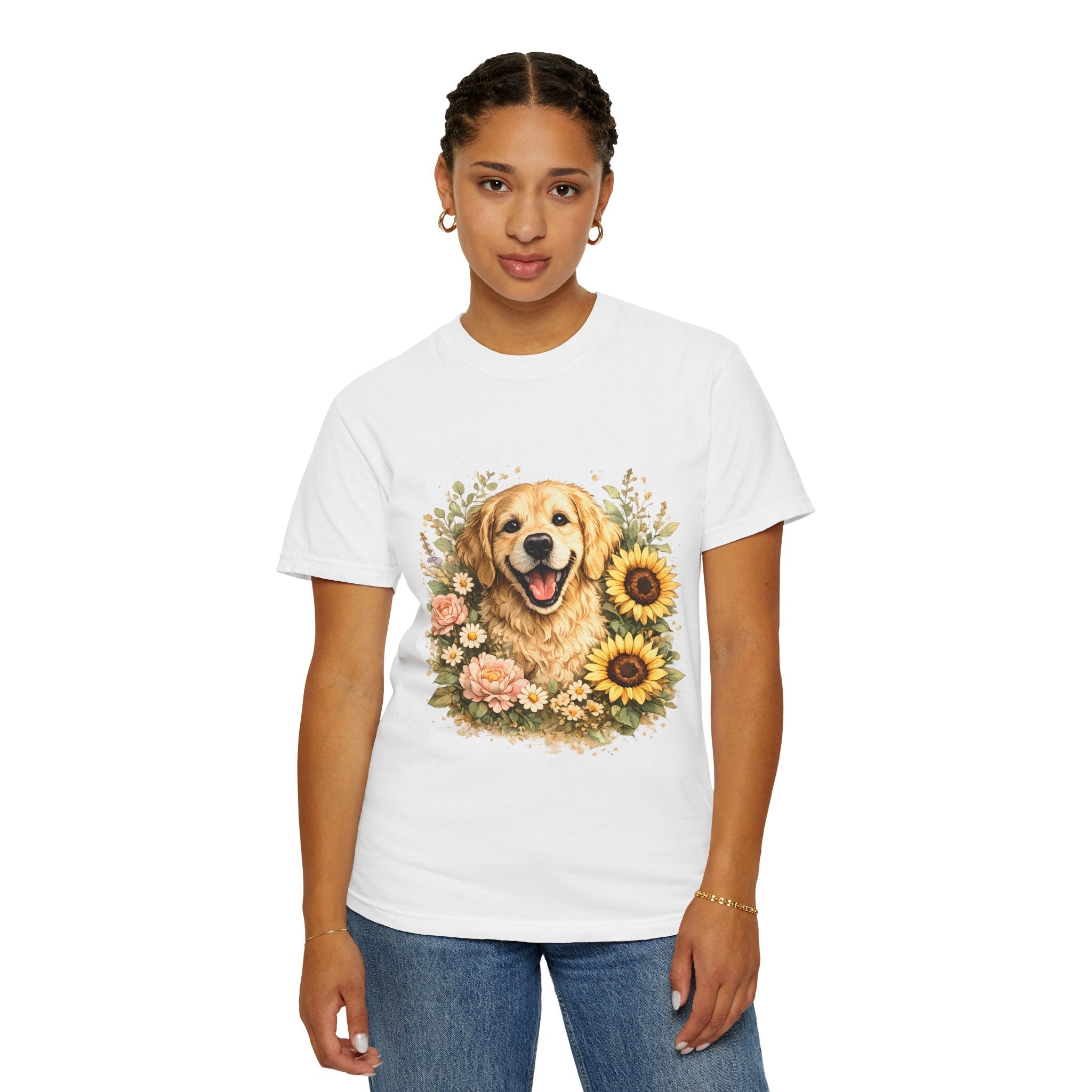 Golden Retriever Sunflower T-Shirt — Happy Dog Floral Tee Printify